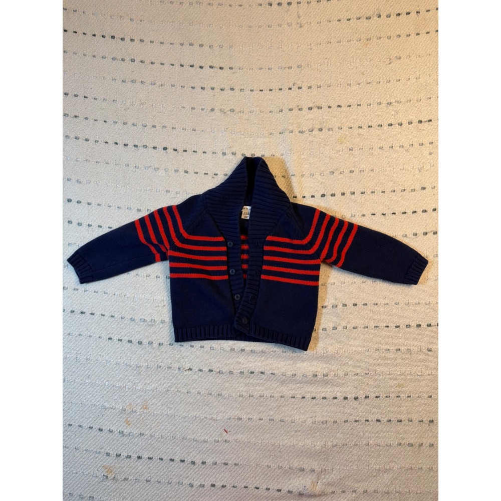 Janie and Jack Baby Boys Navy Blue Red Striped Shawl Collar Cardigan 6-12M